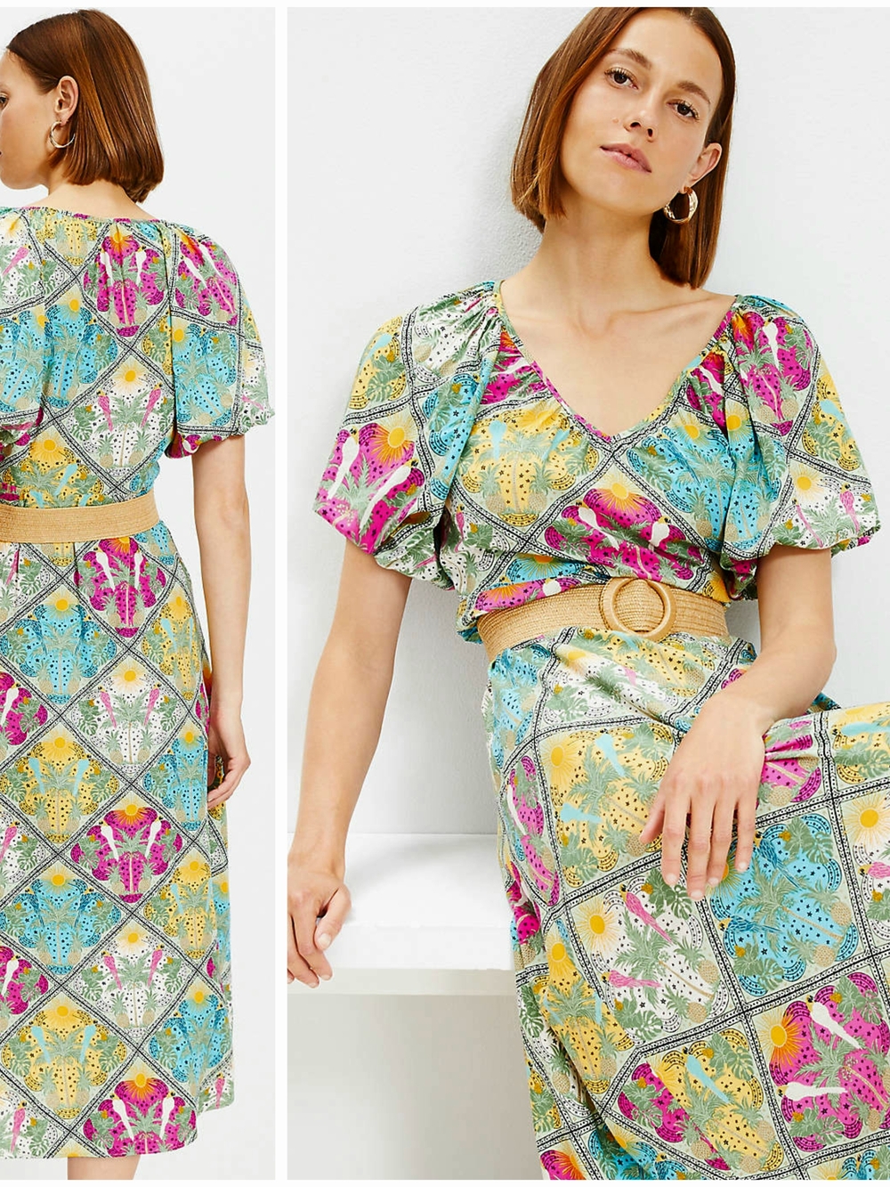 LOFT, Palm Raffia Belt V-Neck Midi Dress